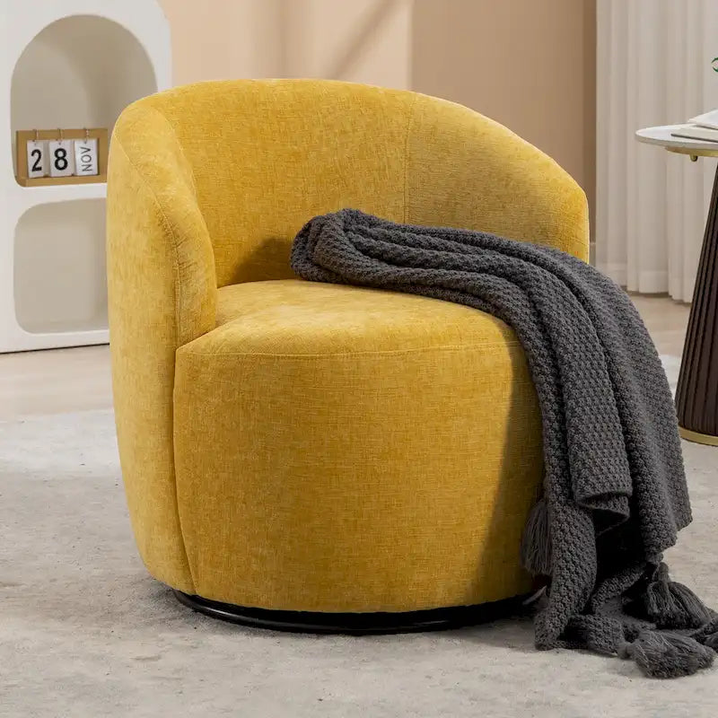 Yellow Chenille Modern 25.6 Swivel Barrel Chair with Metal Ring