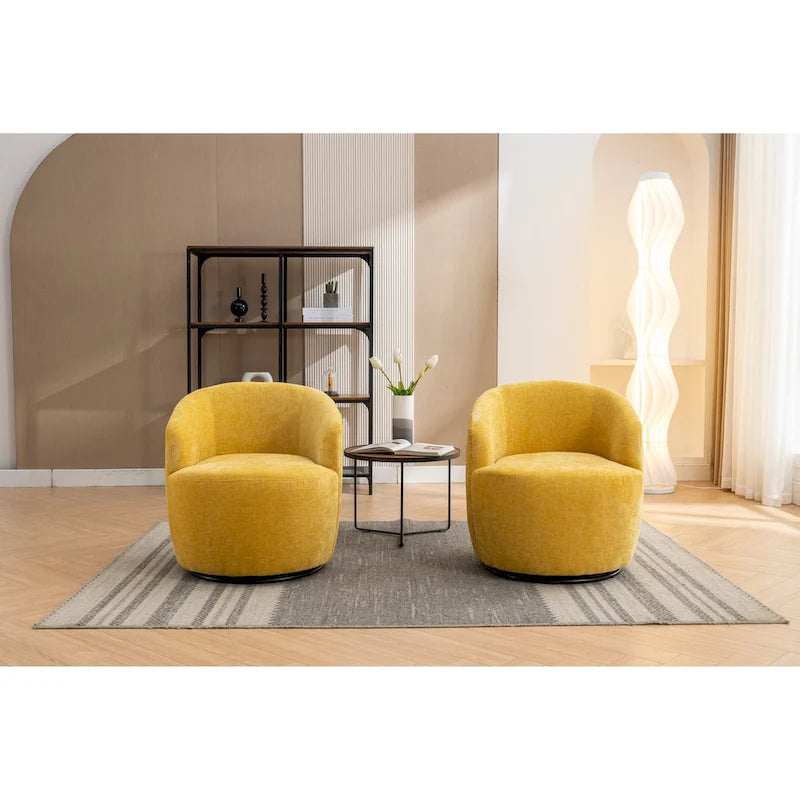 Yellow Chenille Modern 25.6 Swivel Barrel Chair with Metal Ring