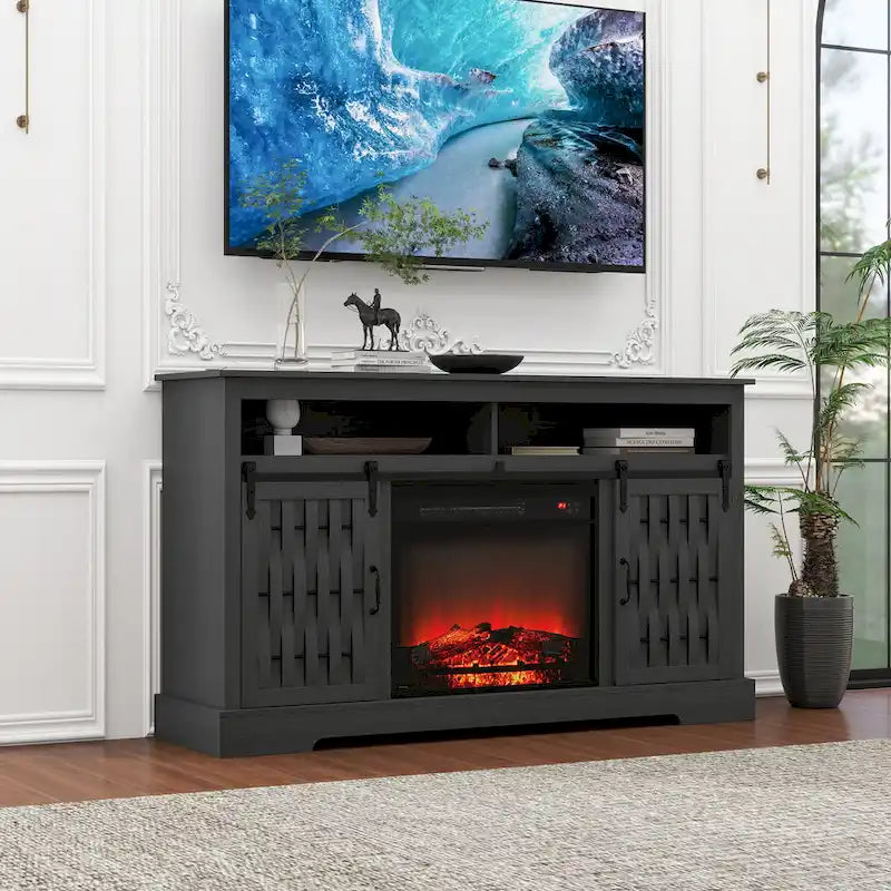 Meuble TV avec cheminée de 58.03, cheminée électrique et portes de grange coulissantes pour téléviseurs jusqu’à 65
