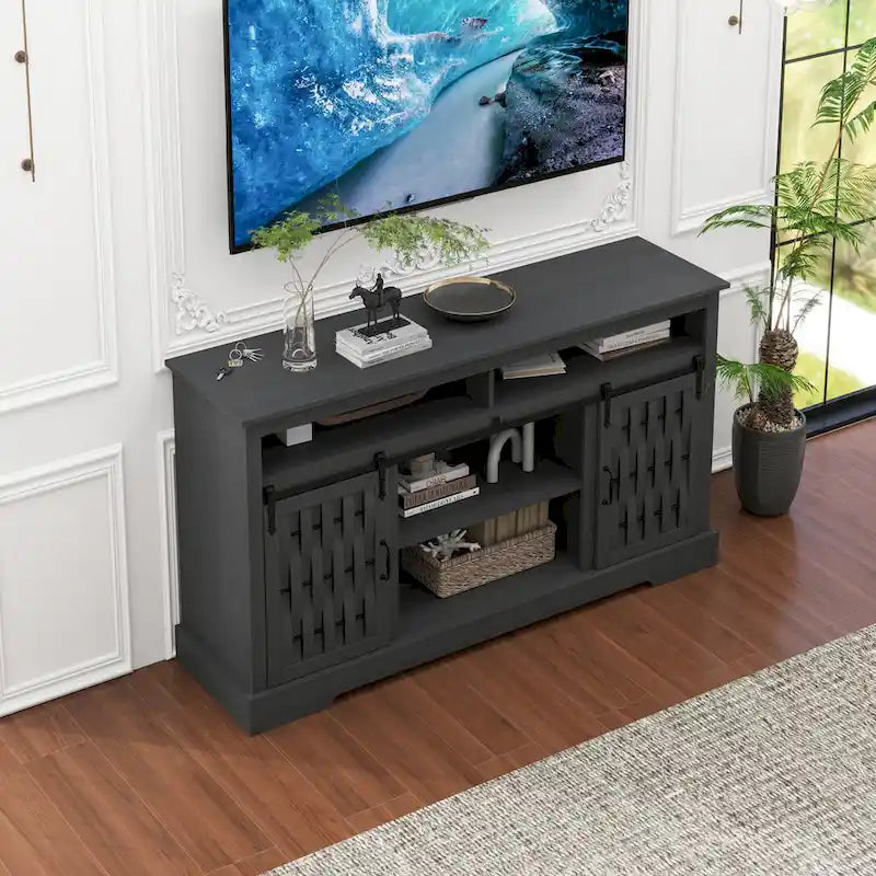 Meuble TV avec cheminée de 58.03, cheminée électrique et portes de grange coulissantes pour téléviseurs jusqu’à 65