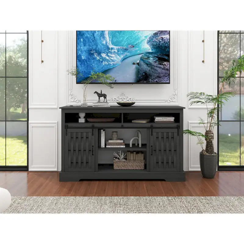 Meuble TV avec cheminée de 58.03, cheminée électrique et portes de grange coulissantes pour téléviseurs jusqu’à 65