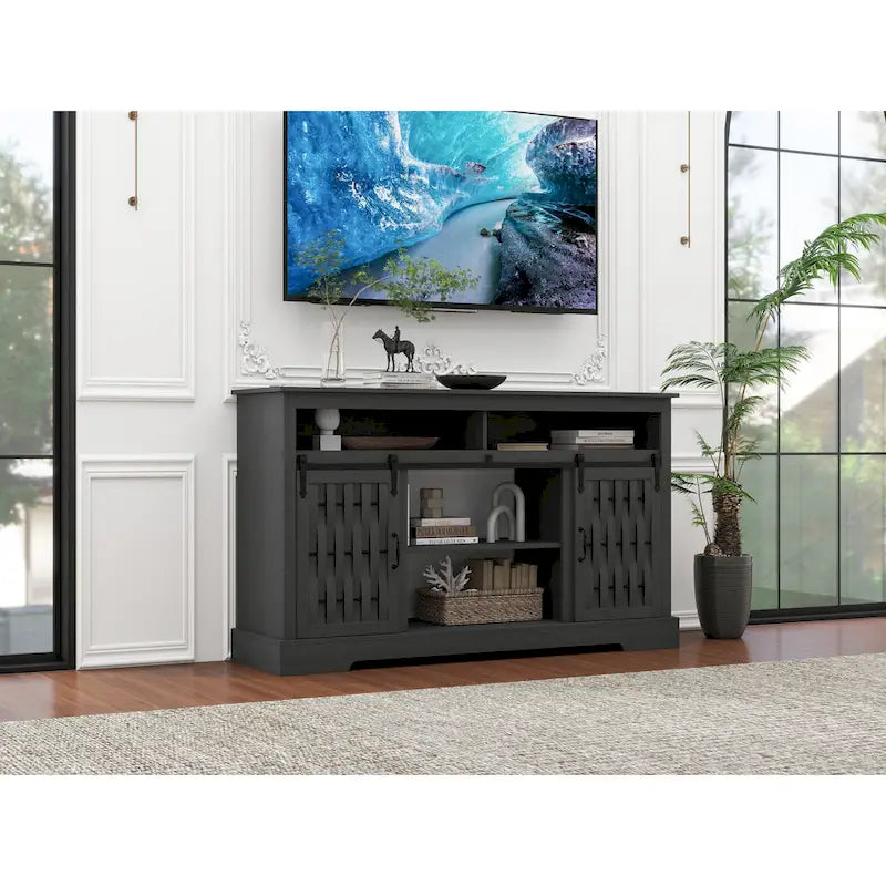 Meuble TV avec cheminée de 58.03, cheminée électrique et portes de grange coulissantes pour téléviseurs jusqu’à 65