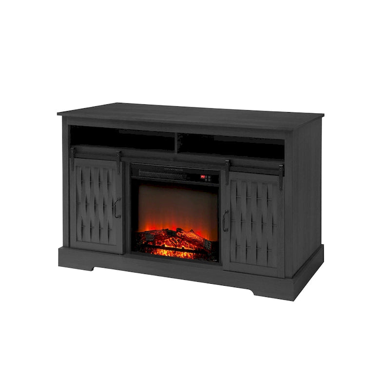 Meuble TV avec cheminée de 58.03, cheminée électrique et portes de grange coulissantes pour téléviseurs jusqu’à 65