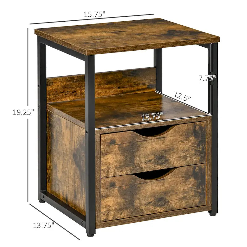 Industriële bijzettafel met 2 laden, kleine bijzettafel met opbergplank, accenttafel voor de bank met groefgreep en metalen frame
