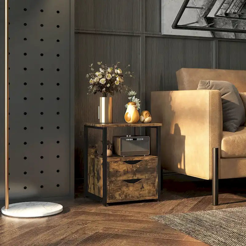 Industriële bijzettafel met 2 laden, kleine bijzettafel met opbergplank, accenttafel voor de bank met groefgreep en metalen frame