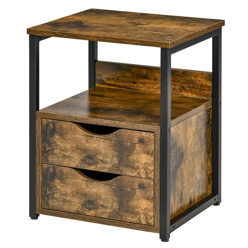 Industriële bijzettafel met 2 laden, kleine bijzettafel met opbergplank, accenttafel voor de bank met groefgreep en metalen frame