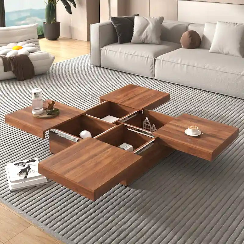 Square Marble Veneer Coffee Table Sliding Top with Storage in Walnut 39.4
