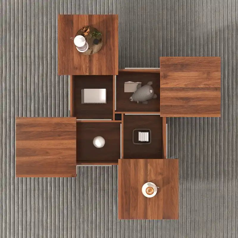 Square Marble Veneer Coffee Table Sliding Top with Storage in Walnut 39.4