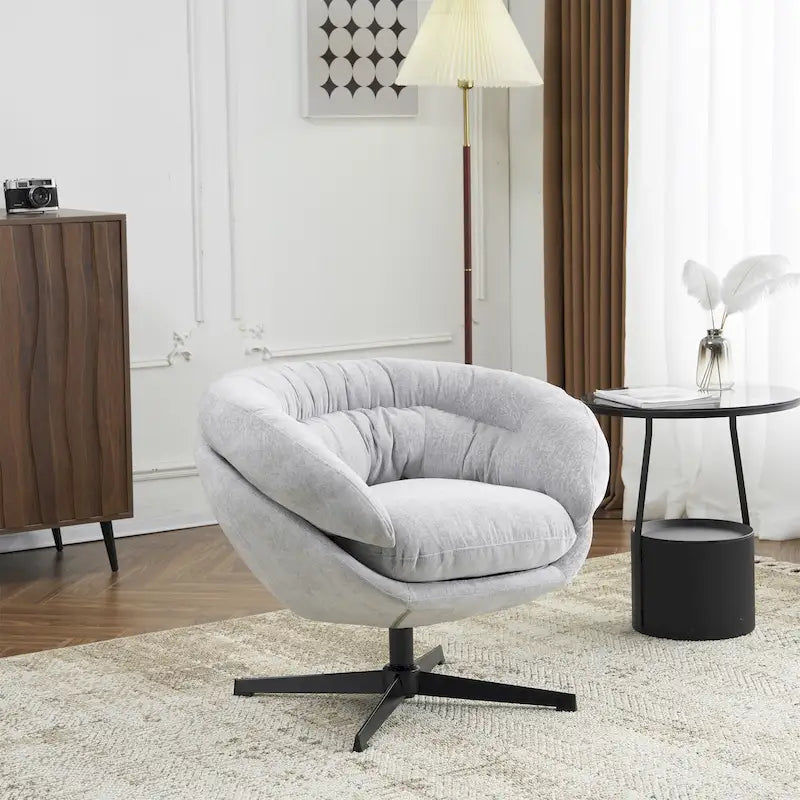 Fauteuil club pivotant à 360° revêtu de chenille/fauteuil d'appoint avec coussin amovible, fauteuil de bureau rond avec piètement en métal noir