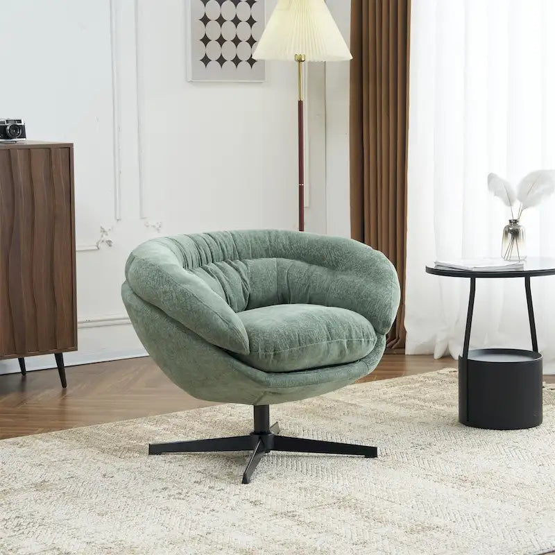 Fauteuil club pivotant à 360° revêtu de chenille/fauteuil d'appoint avec coussin amovible, fauteuil de bureau rond avec piètement en métal noir