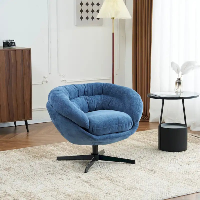 Fauteuil club pivotant à 360° revêtu de chenille/fauteuil d'appoint avec coussin amovible, fauteuil de bureau rond avec piètement en métal noir