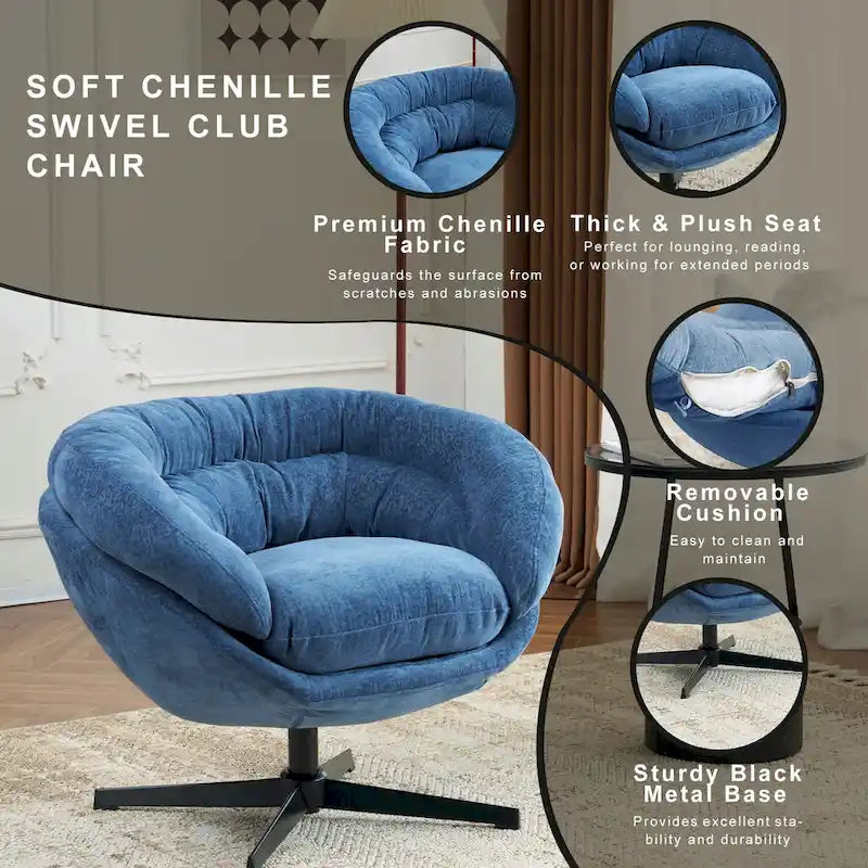 Fauteuil club pivotant à 360° revêtu de chenille/fauteuil d'appoint avec coussin amovible, fauteuil de bureau rond avec piètement en métal noir