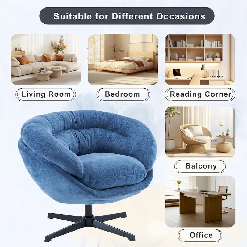 Fauteuil club pivotant à 360° revêtu de chenille/fauteuil d'appoint avec coussin amovible, fauteuil de bureau rond avec piètement en métal noir