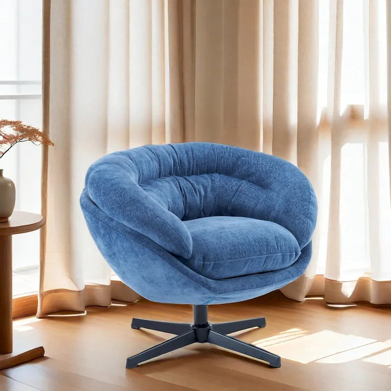 Clubfauteuil/accentstoel van chenille met 360° draaifunctie en afneembaar kussen, ronde bureaustoel met zwart metalen onderstel