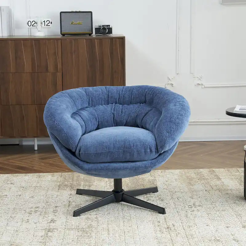 Clubfauteuil/accentstoel van chenille met 360° draaifunctie en afneembaar kussen, ronde bureaustoel met zwart metalen onderstel