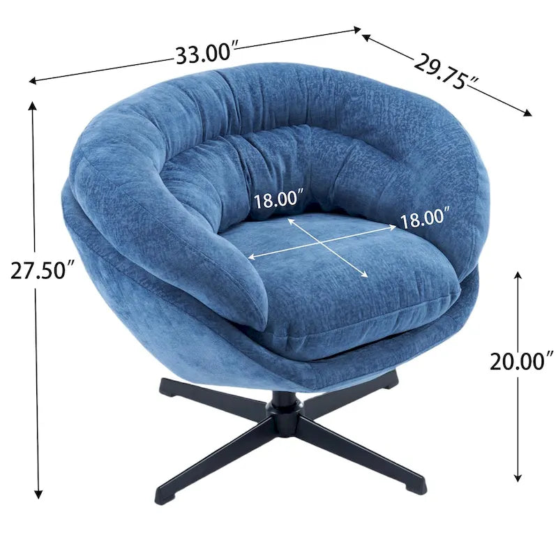 Clubfauteuil/accentstoel van chenille met 360° draaifunctie en afneembaar kussen, ronde bureaustoel met zwart metalen onderstel