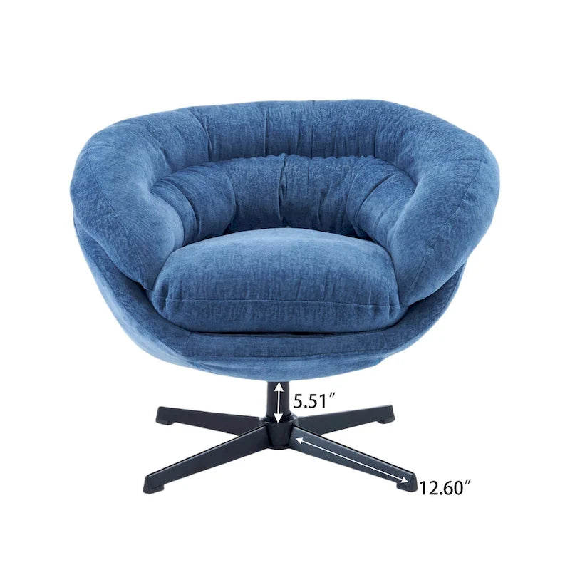 Clubfauteuil/accentstoel van chenille met 360° draaifunctie en afneembaar kussen, ronde bureaustoel met zwart metalen onderstel