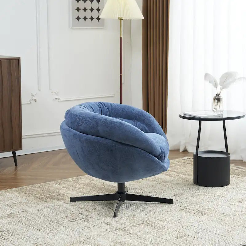 Clubfauteuil/accentstoel van chenille met 360° draaifunctie en afneembaar kussen, ronde bureaustoel met zwart metalen onderstel