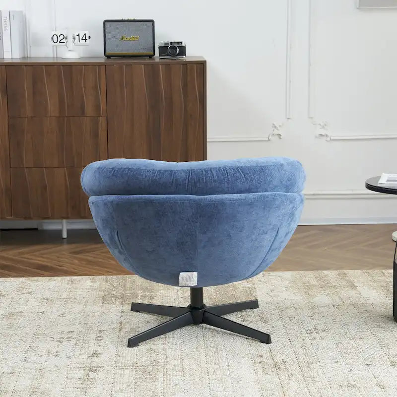 Clubfauteuil/accentstoel van chenille met 360° draaifunctie en afneembaar kussen, ronde bureaustoel met zwart metalen onderstel