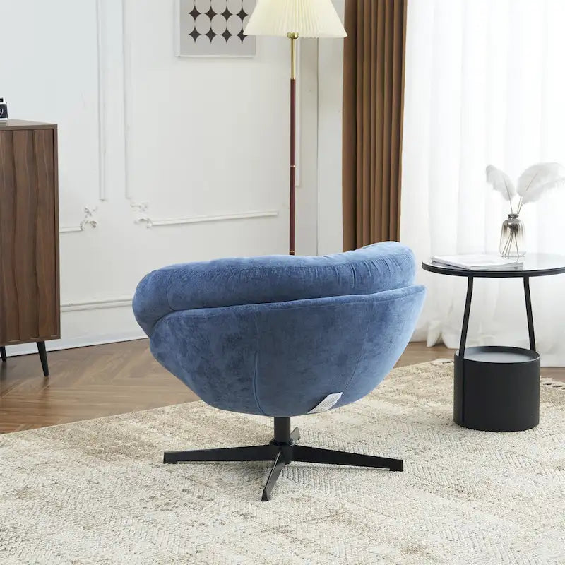 Clubfauteuil/accentstoel van chenille met 360° draaifunctie en afneembaar kussen, ronde bureaustoel met zwart metalen onderstel
