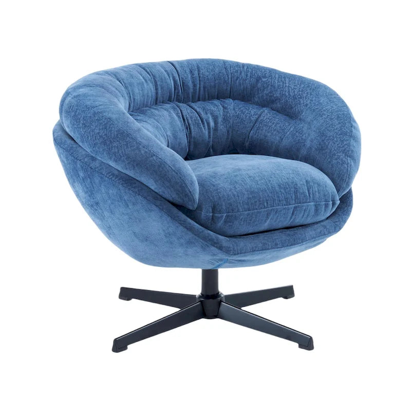 Clubfauteuil/accentstoel van chenille met 360° draaifunctie en afneembaar kussen, ronde bureaustoel met zwart metalen onderstel