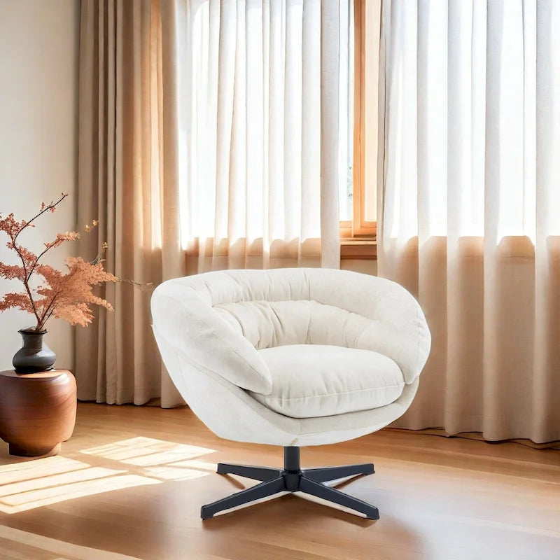 Clubfauteuil/accentstoel van chenille met 360° draaifunctie en afneembaar kussen, ronde bureaustoel met zwart metalen onderstel