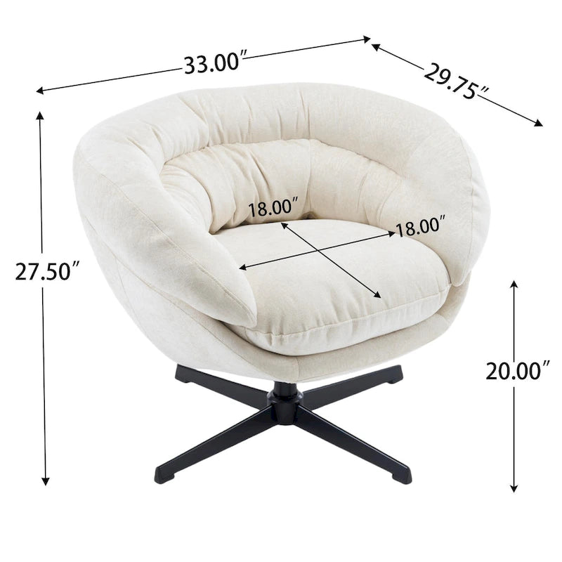 Clubfauteuil/accentstoel van chenille met 360° draaifunctie en afneembaar kussen, ronde bureaustoel met zwart metalen onderstel