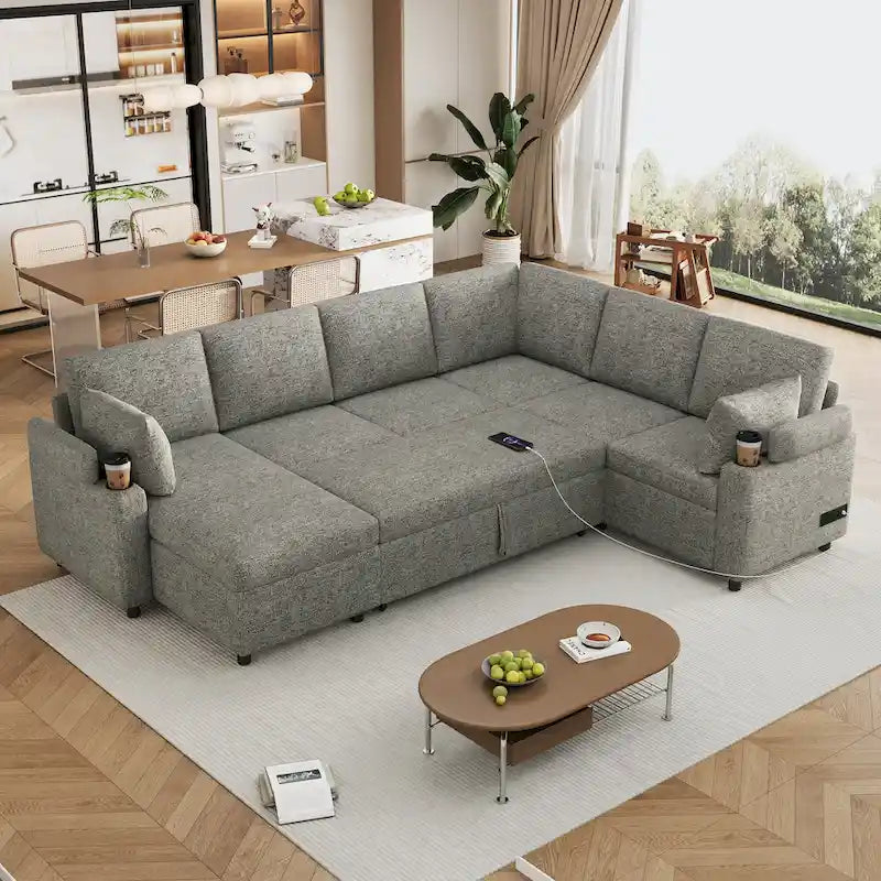 U-shaped Sofa, Chenille Sectional Sofa with 2 Cup Holders and Charging Ports Livingroom Sleeper Recliner Sofa Couch