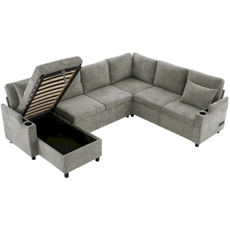 Canapé en U, canapé modulable en chenille avec 2 porte-gobelets et ports de recharge, canapé inclinable-lit pour le salon