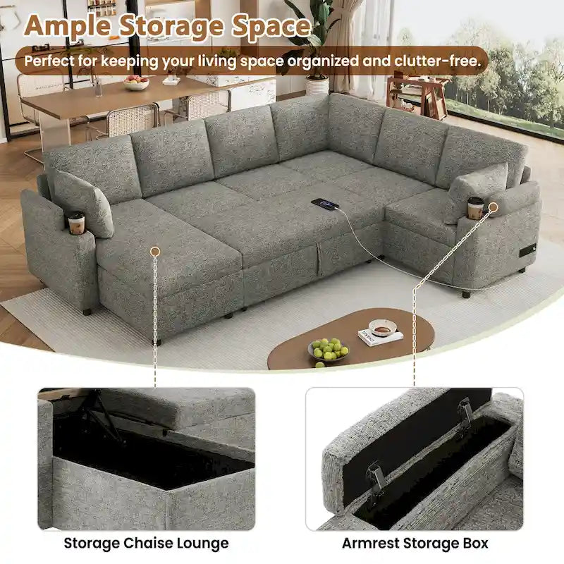 Canapé en U, canapé modulable en chenille avec 2 porte-gobelets et ports de recharge, canapé inclinable-lit pour le salon