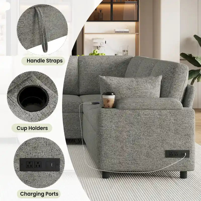 Canapé en U, canapé modulable en chenille avec 2 porte-gobelets et ports de recharge, canapé inclinable-lit pour le salon