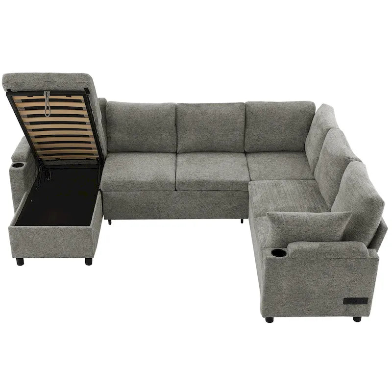 Canapé en U, canapé modulable en chenille avec 2 porte-gobelets et ports de recharge, canapé inclinable-lit pour le salon