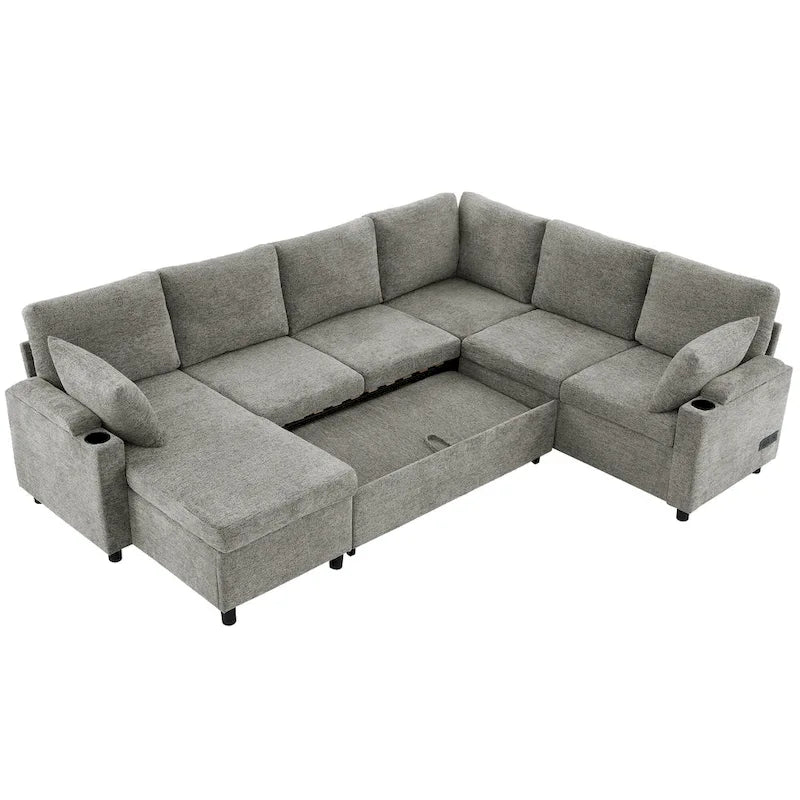 Canapé en U, canapé modulable en chenille avec 2 porte-gobelets et ports de recharge, canapé inclinable-lit pour le salon