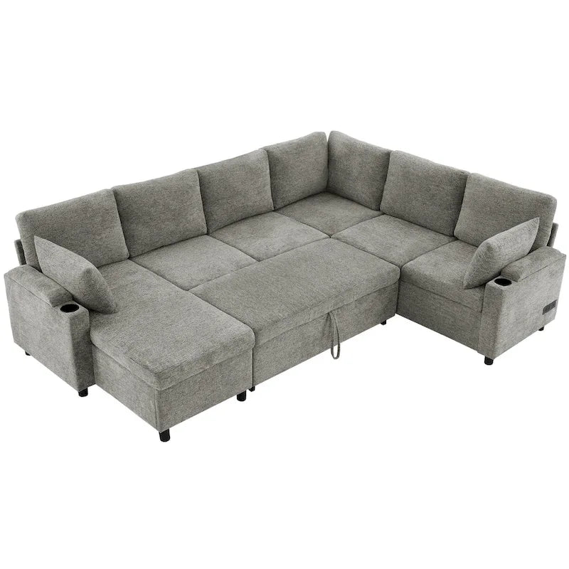 Canapé en U, canapé modulable en chenille avec 2 porte-gobelets et ports de recharge, canapé inclinable-lit pour le salon