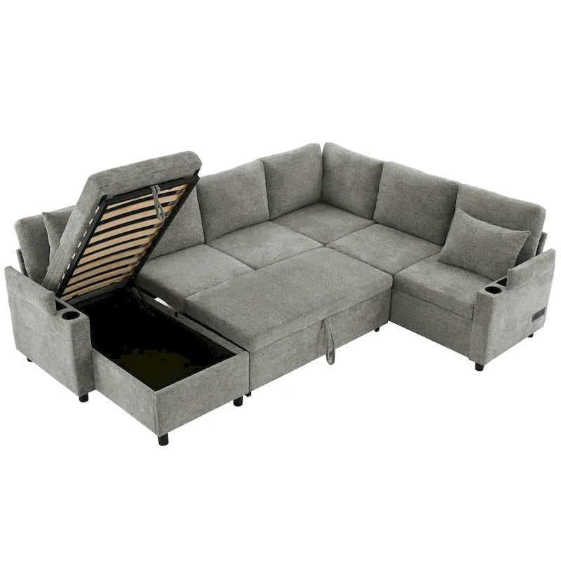 Canapé en U, canapé modulable en chenille avec 2 porte-gobelets et ports de recharge, canapé inclinable-lit pour le salon
