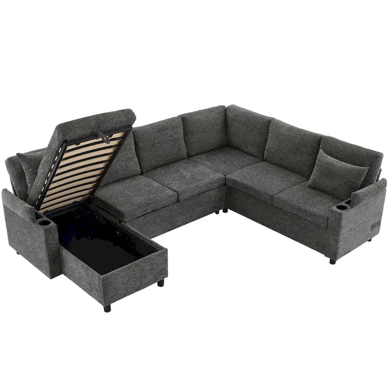 Canapé en U, canapé modulable en chenille avec 2 porte-gobelets et ports de recharge, canapé inclinable-lit pour le salon