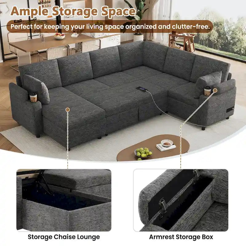 Canapé en U, canapé modulable en chenille avec 2 porte-gobelets et ports de recharge, canapé inclinable-lit pour le salon