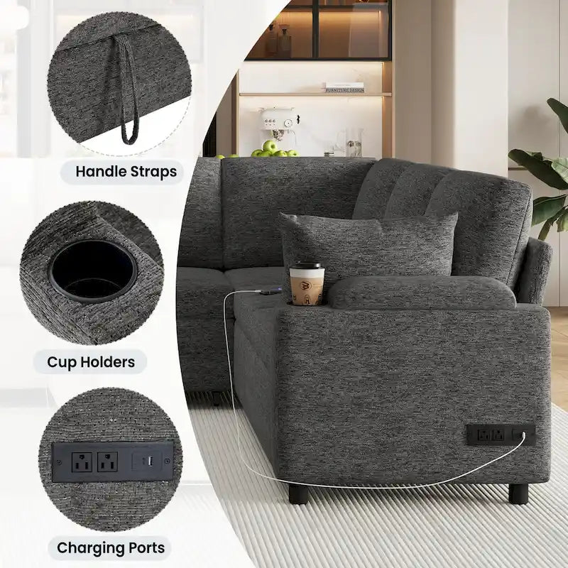 Canapé en U, canapé modulable en chenille avec 2 porte-gobelets et ports de recharge, canapé inclinable-lit pour le salon