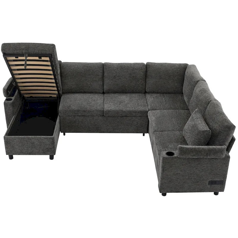 Canapé en U, canapé modulable en chenille avec 2 porte-gobelets et ports de recharge, canapé inclinable-lit pour le salon