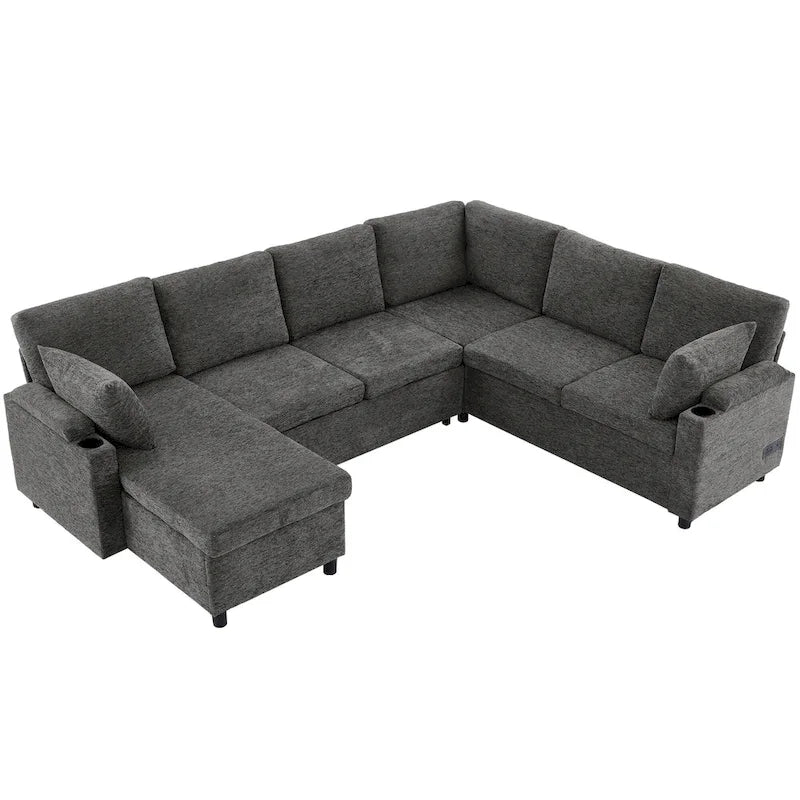 Canapé en U, canapé modulable en chenille avec 2 porte-gobelets et ports de recharge, canapé inclinable-lit pour le salon