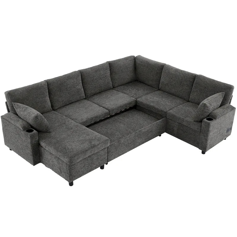 Canapé en U, canapé modulable en chenille avec 2 porte-gobelets et ports de recharge, canapé inclinable-lit pour le salon