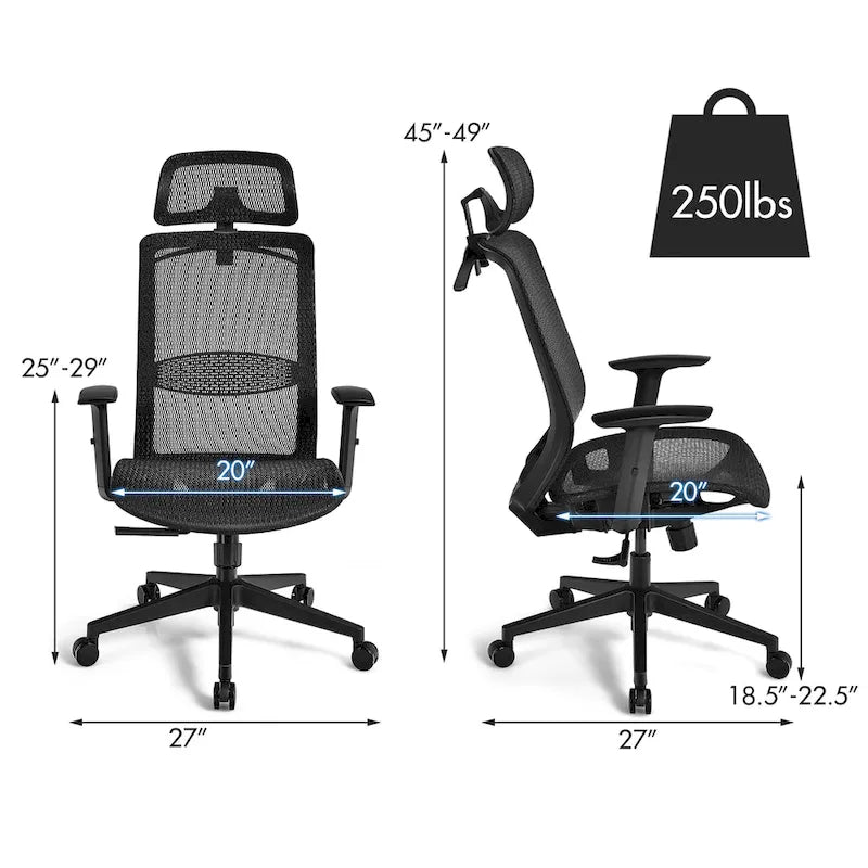 Ergonomische bureaustoel met hoge rugleuning, meshbekleding en verstelbare rugleuning - Bekijk de details