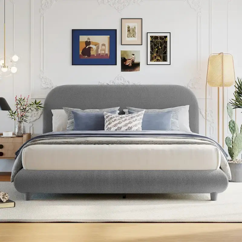 Cadre de lit avec tête de lit incurvée, lit plateforme rembourré en polaire teddy avec tissu épais, panneau de lit en bois bas