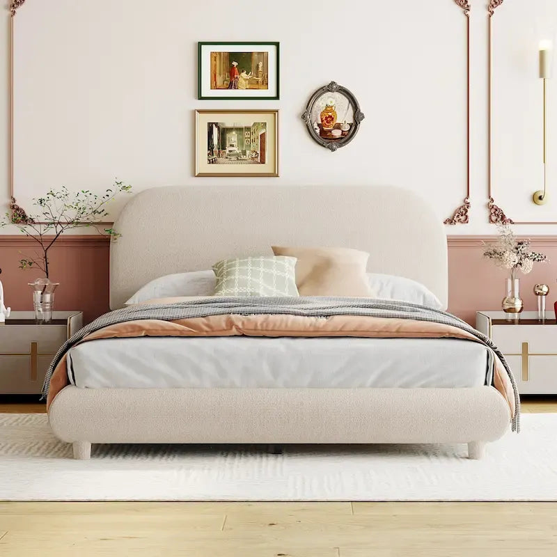 Cadre de lit avec tête de lit incurvée, lit plateforme rembourré en polaire teddy avec tissu épais, panneau de lit en bois bas