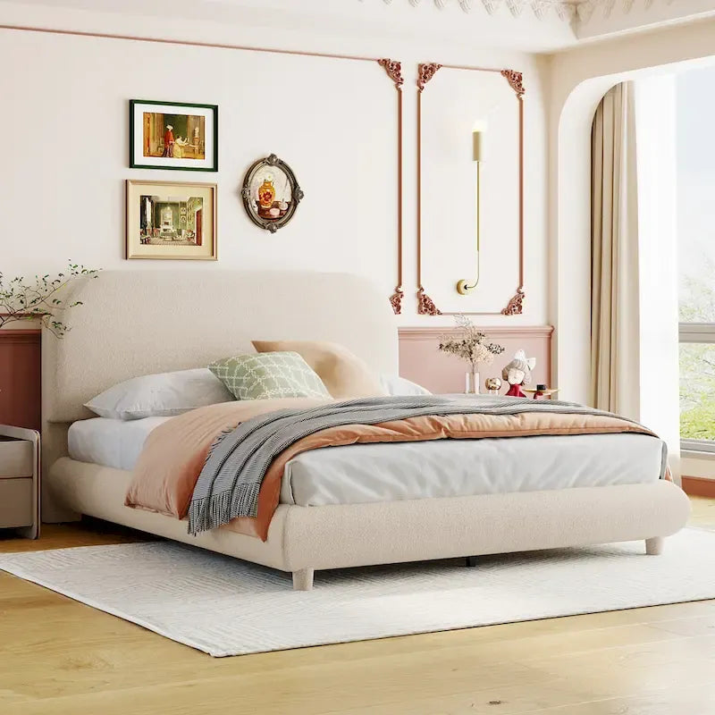 Cadre de lit avec tête de lit incurvée, lit plateforme rembourré en polaire teddy avec tissu épais, panneau de lit en bois bas