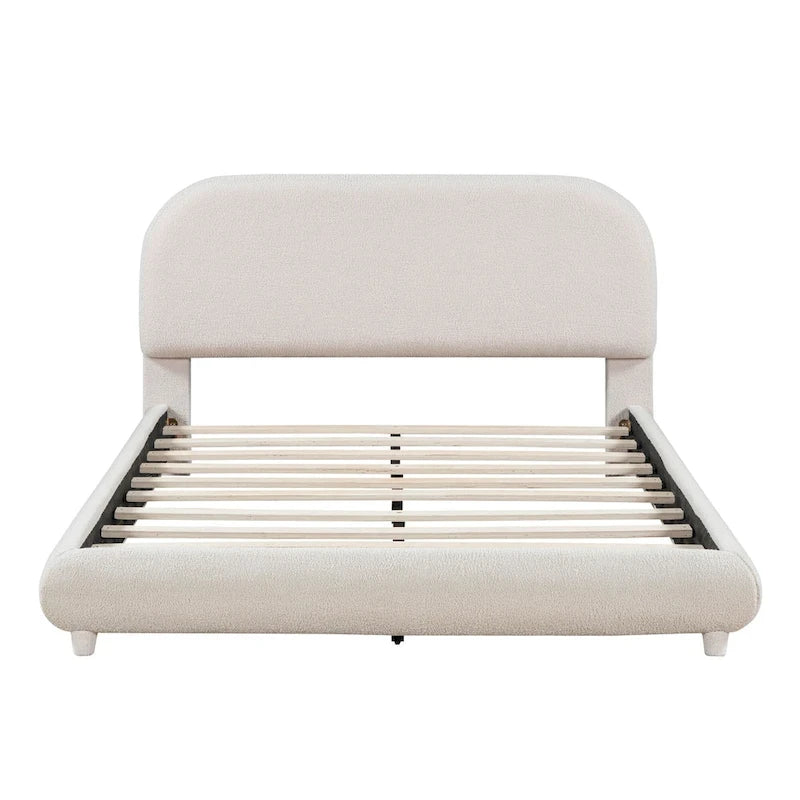Cadre de lit avec tête de lit incurvée, lit plateforme rembourré en polaire teddy avec tissu épais, panneau de lit en bois bas