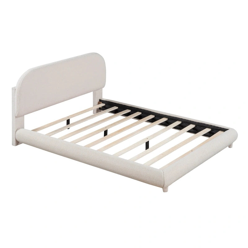 Cadre de lit avec tête de lit incurvée, lit plateforme rembourré en polaire teddy avec tissu épais, panneau de lit en bois bas