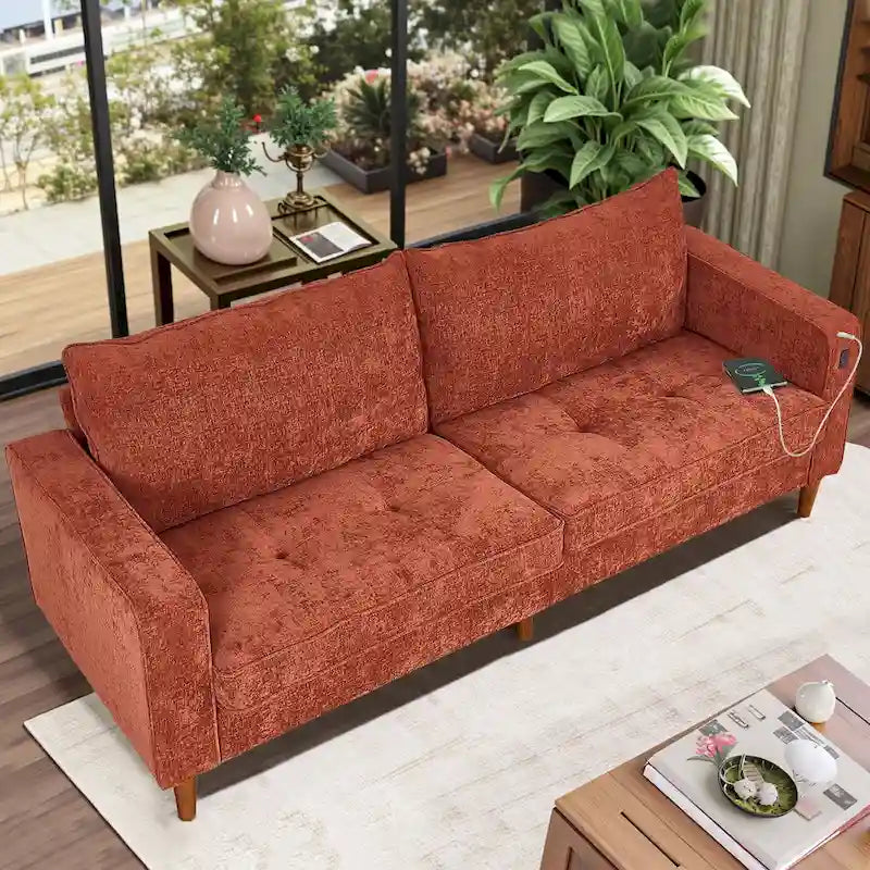 Canapé moderne 82.68 en chenille rembourrée, canapé deux places avec ports USB pour le salon