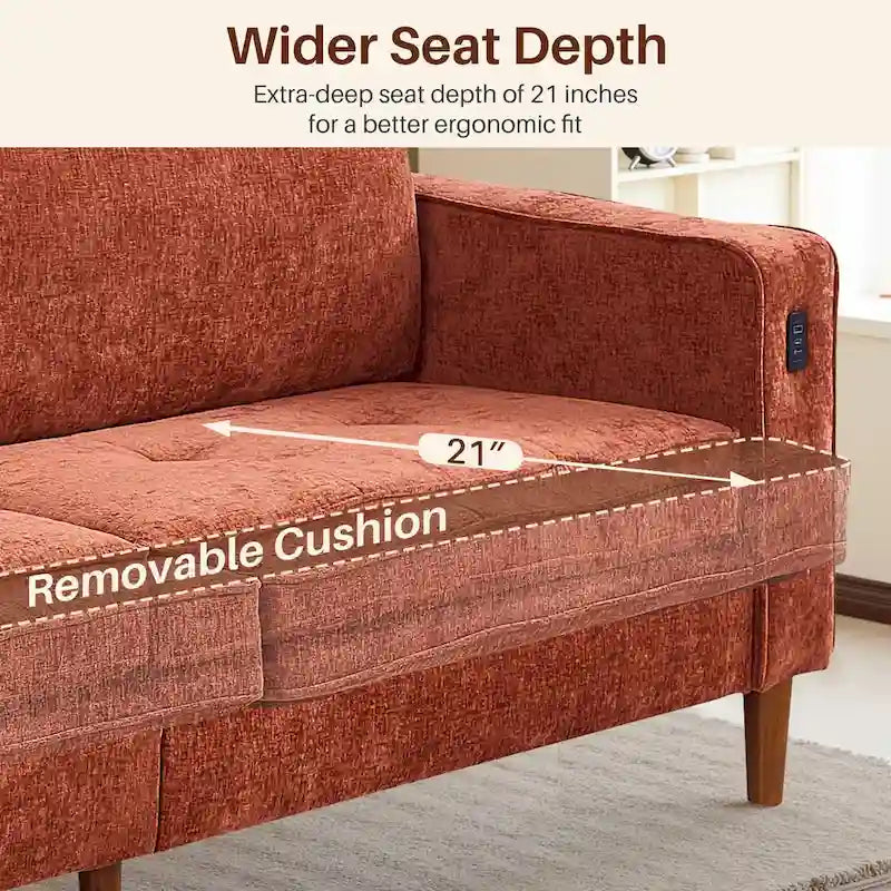 Canapé moderne 82.68 en chenille rembourrée, canapé deux places avec ports USB pour le salon