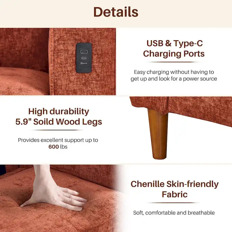 Canapé moderne 82.68 en chenille rembourrée, canapé deux places avec ports USB pour le salon